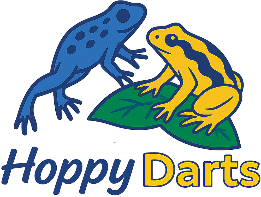 Hoppy Darts logo: Colorful dart frogs leaping into vibrant hues